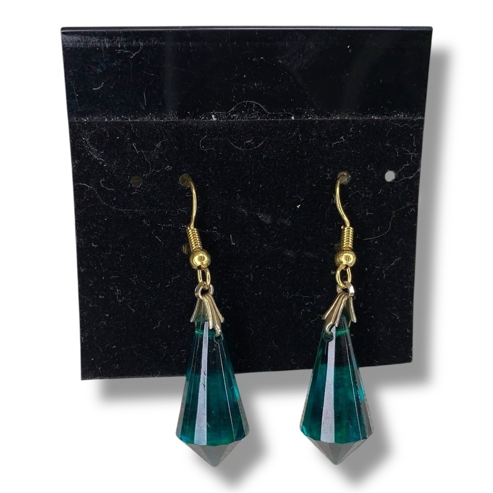 Vintage Green Quartz Style Earrings Dangle Hook Closure Goth Art Deco Formal